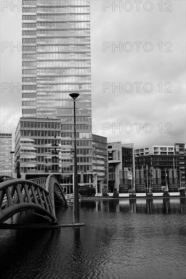 Building and bridge in the Mediapark, black and white, Cologne, Germany, Europe