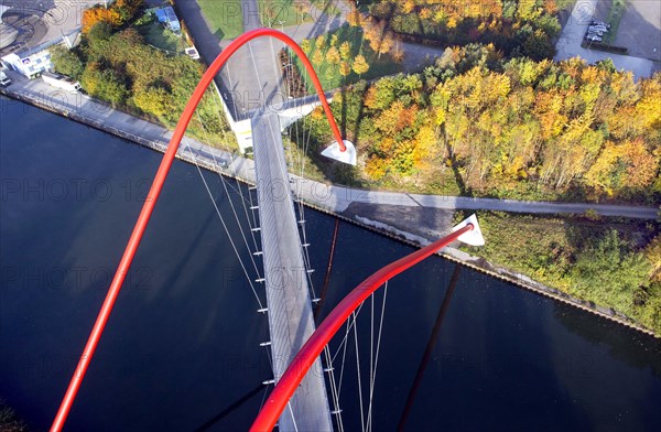Aerial view of the double arch bridge, 28 October 2015. The Nordsternpark double arch bridge is a foot and cycle path bridge over the Rhine-Herne Canal in Nordsternpark, 28 October 2015