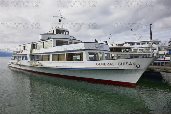 Excursion boat General Guisan in Ouchy harbour in the Ouchy district, Lausanne, district of Lausanne, Vaud, Switzerland, Europe