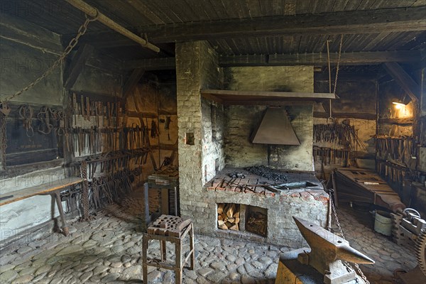 Village smithy with forge from the 19th century, open-air museum for folklore Schwerin-Muess, Mecklenburg-Vorpommerm, Germany, Europe