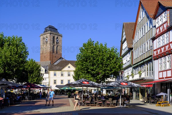 Pedestrian zone with restaurant and street cafe, Linggplatz, bell tower of the Gothic town church, Old Town, Bad Hersfeld, Hesse, Germany, Europe