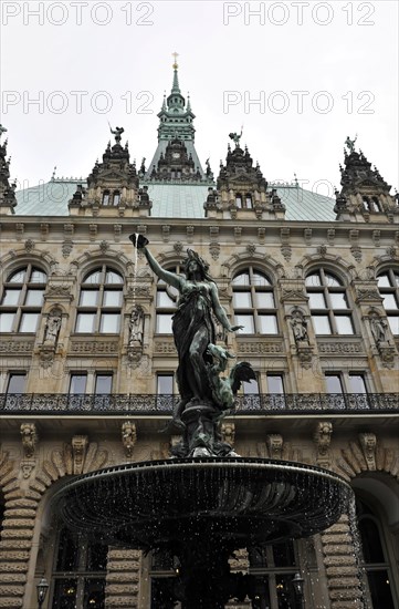 Close-up of a fountain in front of the Gothic town hall of a city, Hamburg, Hanseatic City of Hamburg, Germany, Europe