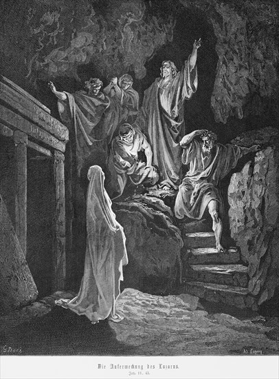 The resurrection of Lazarus, Gospel of John, chapter 11, light, shroud, sweat cloth, death, deceased, resurrection, darkness, chamber, New Testament, Bible, historical illustration 1886