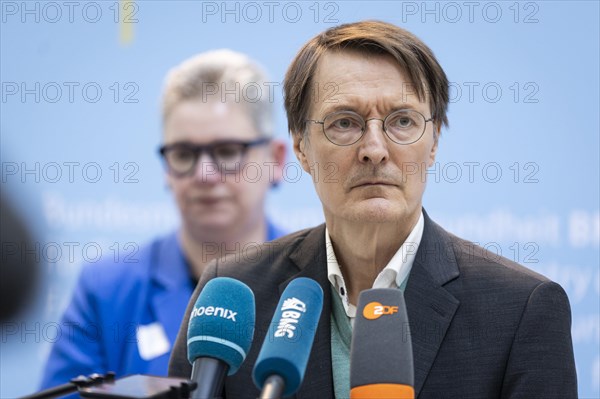 Karl Lauterbach (SPD), Federal Minister of Health, Christine Vogler (in the background), President of the German Nursing Council e.V., recorded during talks on the key points of the Nursing Competence Act, with nursing associations, at the Federal Ministry of Health in Berlin, 20 March 2024