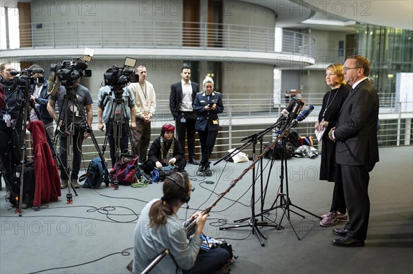 Boris Pistorius (SPD), Federal Minister of Defence with Wiebke Esdar, Member of the German Bundestag (SPD) and Chairwoman of the 'Sondervermoegen Bundeswehr' committee during a press statement in the German Bundestag in Berlin, 20.03.2024