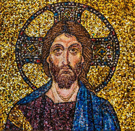Christ, mosaic copy of the Cathedral of San Giusto, Trieste, 12th century, mosaic school producing mosaic masters, Spilimbergo, city of mosaic art, Friuli, Italy, Spilimbergo, Friuli, Italy, Europe