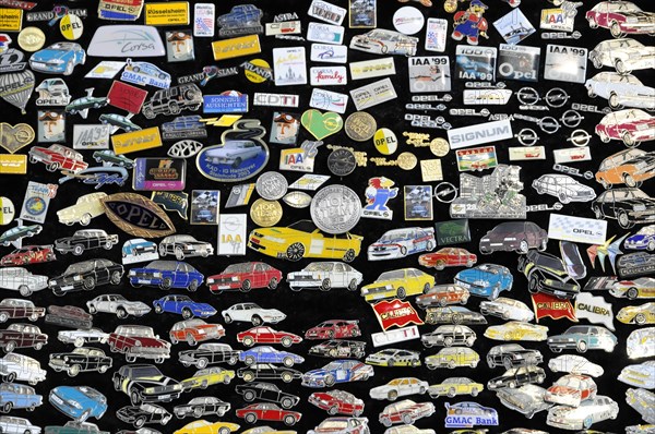 RETRO CLASSICS 2010, Stuttgart Messe, A collection of automobile badges with advertising logos, Stuttgart Messe, Stuttgart, Baden-Wuerttemberg, Germany, Europe