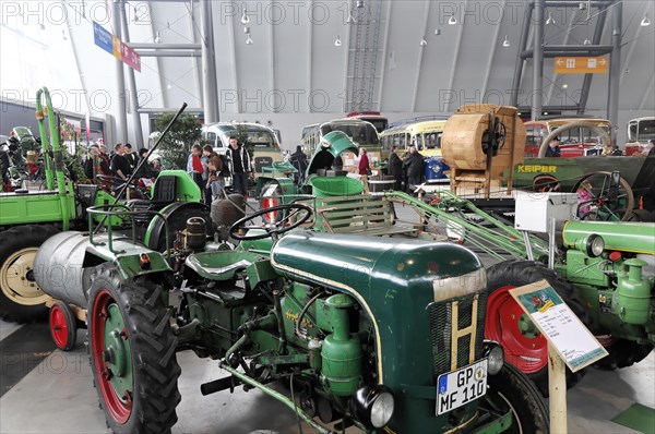RETRO CLASSICS 2010, Stuttgart Messe, Collection of classic green tractors in an exhibition hall, Stuttgart Messe, Stuttgart, Baden-Wuerttemberg, Germany, Europe