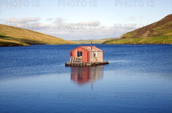 Fisherman's shed on small island, Olna Firth, Voe, Shetland Islands, Scotland, United Kingdom, Europe