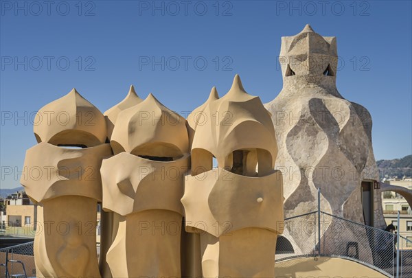 Roof with chimneys, La Pedrera, Casa Mila by Antoni Gaudi, Barcelona, Catalonia, Spain, Europe