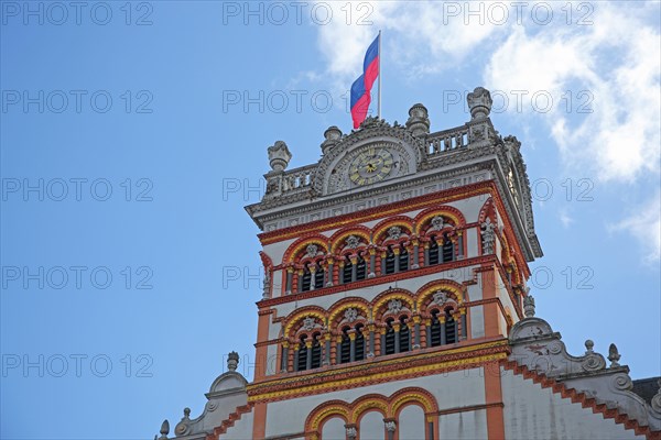 Tower with decorations and flag of St Matthias Church, Benedictine Abbey, Trier, Rhineland-Palatinate, Germany, Europe