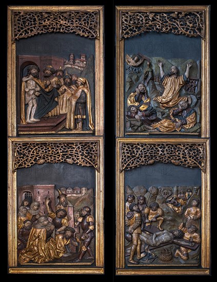 Side wing of the cross altar, around 1517, bas-relief of the thorn-headed Christ, the Garden of Gethsemane, the Carrying of the Cross and the Attachment of the Cross, St Clare's Church, Koenigstrasse 66, Nuremberg, Middle Franconia, Bavaria, Germany, Europe