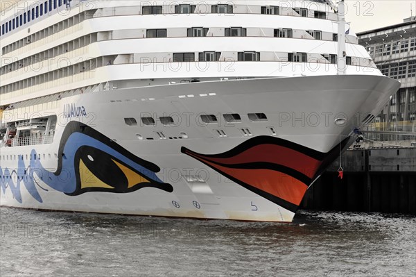 AIDALuna, The bow of a cruise ship with eye-catching painting docked in the harbour, Hamburg, Hanseatic City of Hamburg, Germany, Europe