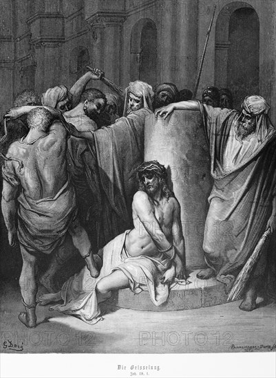 The scourging of Jesus, Gospel of John, chapter 19, Pilate, thorns, crown, beat, scourge, agony, pain, sticks, king, Jews, New Testament, Bible, historical illustration 1886