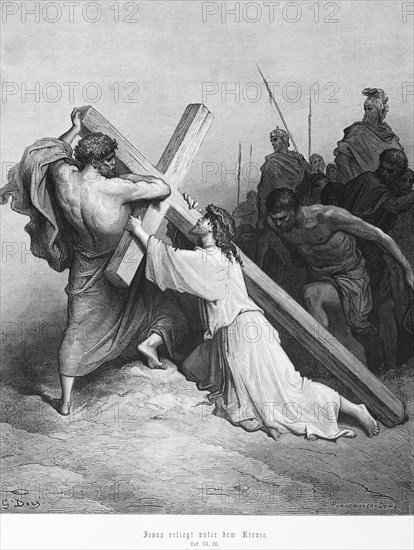 Jesus succumbs under the cross, Luke Gospel, chapter 23, Jesus, way, fall, collapse, soldiers, New Testament, Bible, historical illustration 1886