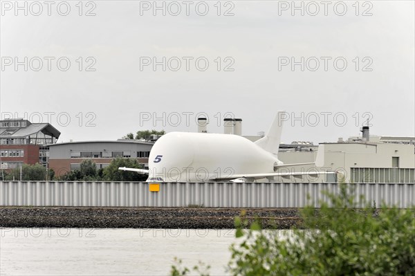 Beluga, Airbus, A300-600, aircraft, transport aircraft, cargo airship at the harbour under an overcast sky, Hamburg, Hanseatic City of Hamburg, Germany, Europe