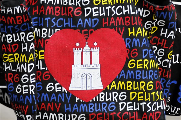 A fabric with a Hamburg heart emblem and lettering on a black background, Hamburg, Hanseatic City of Hamburg, Germany, Europe