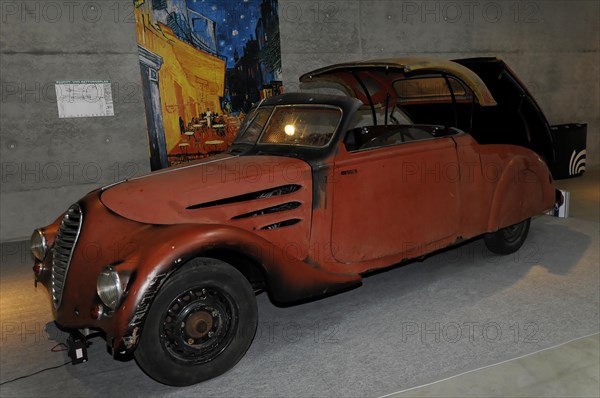 A red vintage car in unrestored condition with rust and patina, Stuttgart Messe, Stuttgart, Baden-Wuerttemberg, Germany, Europe