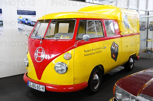 RETRO CLASSICS 2010, Stuttgart Trade Fair, Colourfully painted VW T1 Bulli in yellow and red with Bosch advertising, Stuttgart Trade Fair, Stuttgart, Baden-Wuerttemberg, Germany, Europe