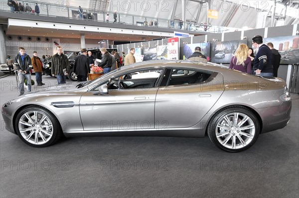 RETRO CLASSICS 2010, Stuttgart Trade Fair Centre, Silver Aston Martin, modern sports car exhibited to the public, Stuttgart Trade Fair Centre, Stuttgart, Baden-Wuerttemberg, Germany, Europe