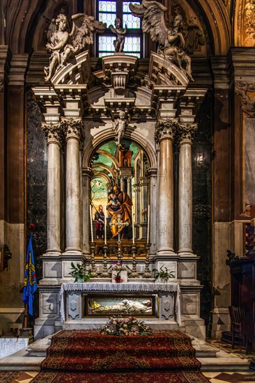 Altarpiece with St Joseph and the Child, 1500, by Martino da Udine, known as Pellegrino da San Daniele, Cathedral of Santa Maria Annunziata, 13th century, Udine, most important historical city of Friuli, Italy, Udine, Friuli, Italy, Europe