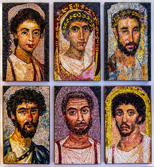 Graeberportraets, Homage to the faces of Fayum, Egypt, 3rd century, Mosaic school producing mosaic masters, Spilimbergo, city of mosaic art, Friuli, Italy, Spilimbergo, Friuli, Italy, Europe