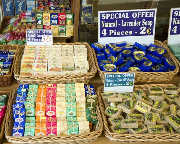 Range of local soaps for sale, Rhodes, Greece, Europe