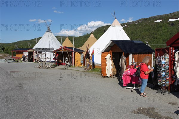 Souvenir shops in traditional Sami tents on the Lofoten Islands, Norway, Scandinavia, Europe