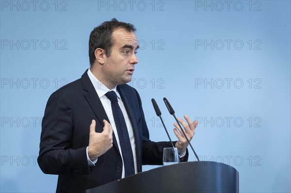 Sebastien Lecornu, French Minister of Defence, recorded during a press statement in Berlin, 22.03.2024