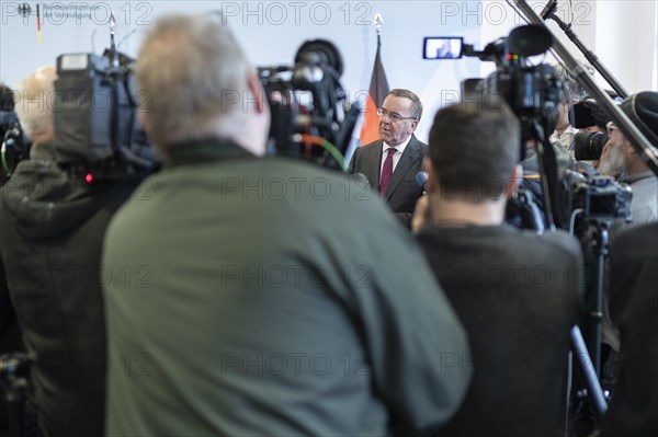 Boris Pistorius (SPD), Federal Minister of the Interior in conversation with media representatives after a press statement in Berlin, 22 March 2024
