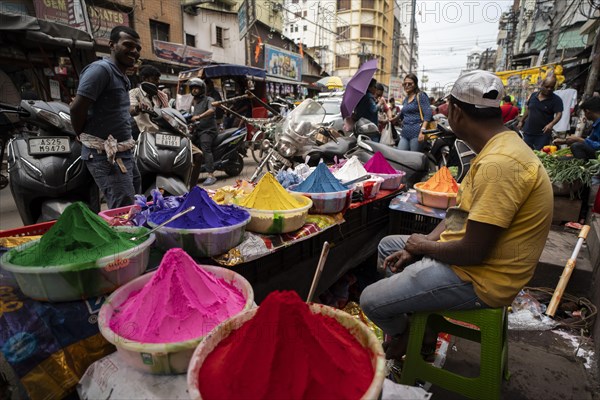 Vendor sells Holi celebration items in a street market, ahead of Holi festival on March 23, 2024 in Guwahati, Assam, India. Holi is the Hindu festival of colours, it is celebrated with great joy in India