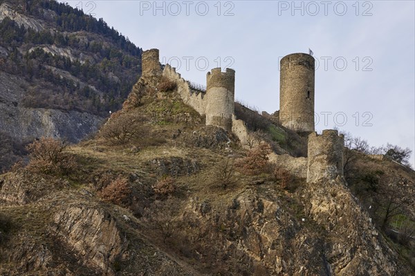 Saillon Castle with the Bayart tower in Saillon, district of Martigny, canton of Valais, Switzerland, Europe