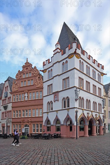 Red House with Tail Gable and Steipe House built in 1430 with arcade and battlements, Hauptmarkt, Trier, Rhineland-Palatinate, Germany, Europe