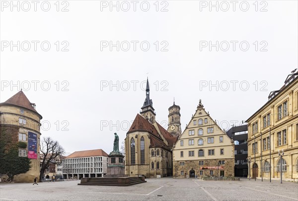 Schillerplatz with Schiller Monument, Old Palace, Collegiate Church and Fruit Box, city view Stuttgart, Baden-Wuerttemberg, Germany, Europe