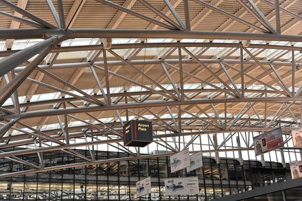 Modern architecture in the interior of an airport with a wayfinding system on the ceiling, Hamburg, Hanseatic City of Hamburg, Germany, Europe
