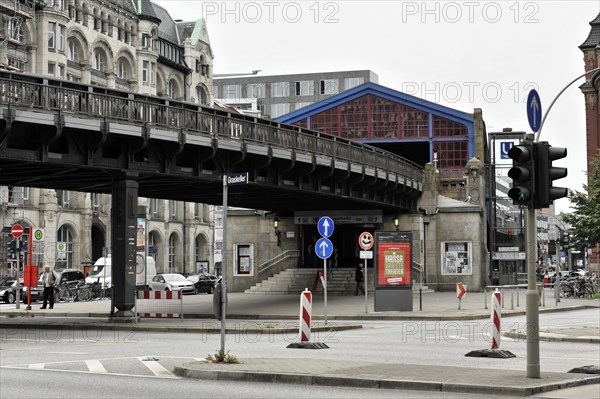 View of a road junction with an elevated railway and an underground station, Hamburg, Hanseatic City of Hamburg, Germany, Europe