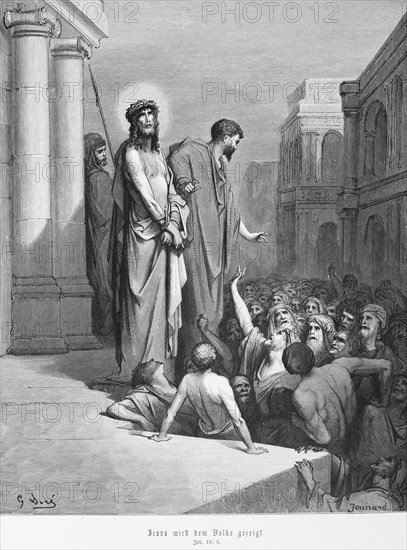 Jesus is shown to the people, Gospel of John, chapter 19, crowd, Pilate, crown of thorns, cloak, halo, city, New Testament, Bible, historical illustration 1886