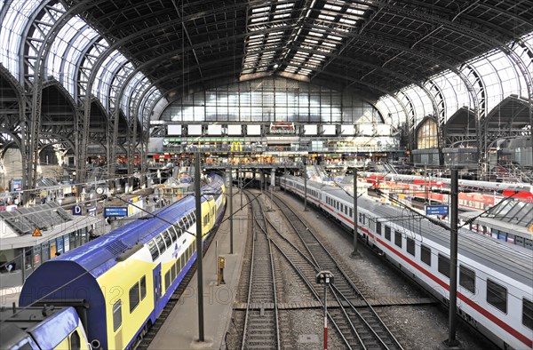 Lively activity on the platforms of a city railway station with trains arriving and departing, Hamburg, Hanseatic City of Hamburg, Germany, Europe