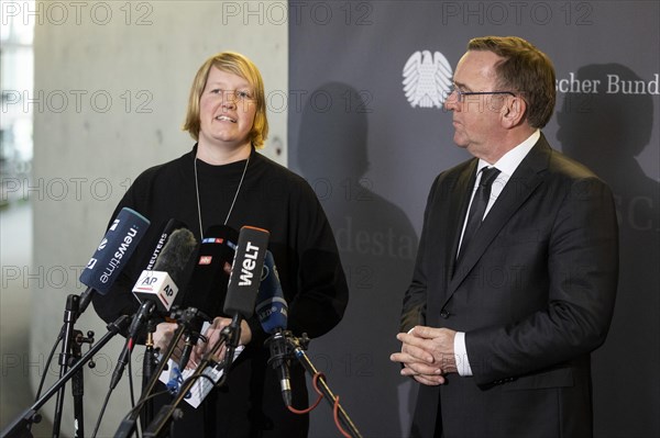 Boris Pistorius (SPD), Federal Minister of Defence with Wiebke Esdar, Member of the German Bundestag (SPD) and Chairwoman of the 'Sondervermoegen Bundeswehr' committee during a press statement in the German Bundestag in Berlin, 20.03.2024