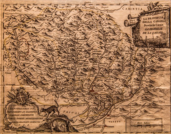 Map of the Province of Carnia, Marco Sebastiano Giampiccoli, etching, 1787, Galeria d'Arte Antica, Castello di Udine, seat of the State Museums, Udine, most important historical city of Friuli, Italy, Udine, Friuli, Italy, Europe