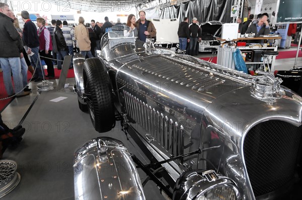 RETRO CLASSICS 2010, Stuttgart Messe, Stuttgart, Baden-Wuerttemberg, Germany, Europe, SIDDELEY 5500 Streamline, built in 1936, silver historic racing car with side exhaust pipes at a motor show, Europe