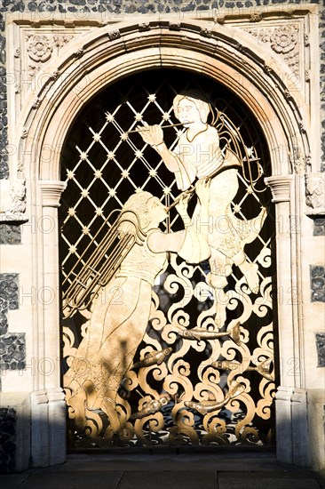 Decorative metalwork doorway, Church St Peter's by the waterfront, Ipswich, Suffolk, England, United Kingdom, Europe