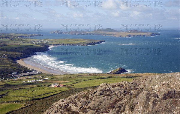 Whitesands Bay and Ramsey Island from Carn Llidi, St David's Head, Pembrokeshire, Wales, United Kingdom, Europe