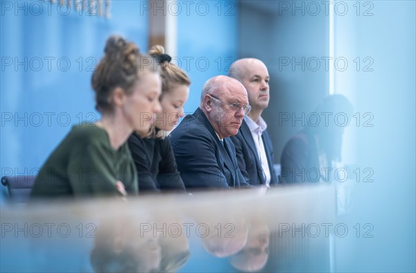 (R-L) Prof Marcel Fratzscher, President of the German Institute for Economic Research (DIW), Dr Ulrich Schneider, Managing Director, Der Paritaetische Gesamtverband, Carla Reemtsma, Fridays For Future and Helena stone house, founder of Sanktionsfrei e. V. As part of a federal press conference on the topic of climate money in Berlin, 21 March 2024