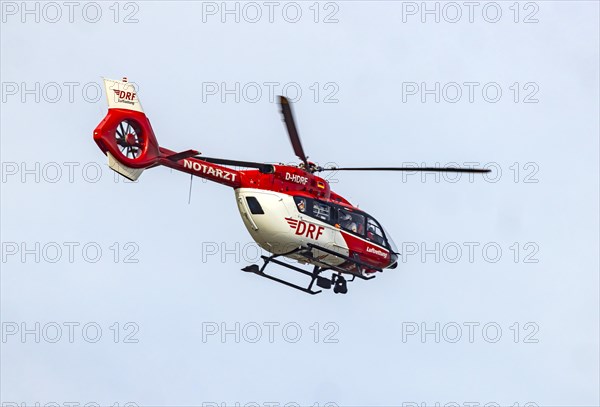 Rescue helicopter in flight, DRF Flugrettung. Airbus Helicopters H145, Mannheim, Baden-Wuerttemberg, Germany, Europe