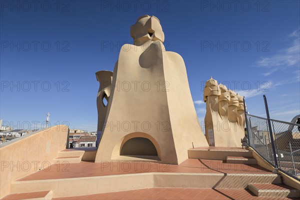 Roof with chimneys, La Pedrera, Casa Mila by Antoni Gaudi, Barcelona, Catalonia, Spain, Europe