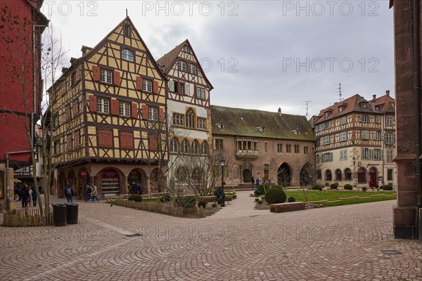 Half-timbered houses Place de la Cathedrale in the old town centre of Colmar, Department Haut-Rhin, Grand Est, France, Europe