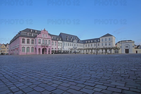 Late baroque Palais Walderdorff with historic building complex, cobblestones, view from below, ground, square, Domfreihof, Trier, Rhineland-Palatinate, Germany, Europe