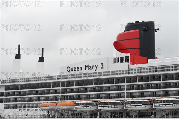 View of the upper decks of a cruise ship, Queen Mary 2, with funnels and lifeboats, Hamburg, Hanseatic City of Hamburg, Germany, Europe