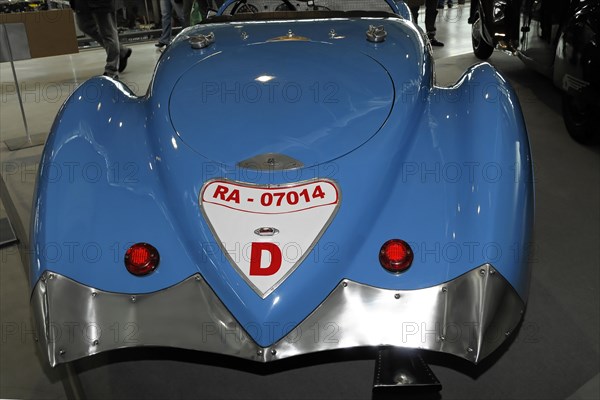 Bugatti 35 B Sport 1927, RETRO CLASSICS 2010, Stuttgart Messe, The rear of a blue vintage convertible with chrome accents and historic licence plate, Stuttgart Messe, Stuttgart, Baden-Wuerttemberg, Germany, Europe